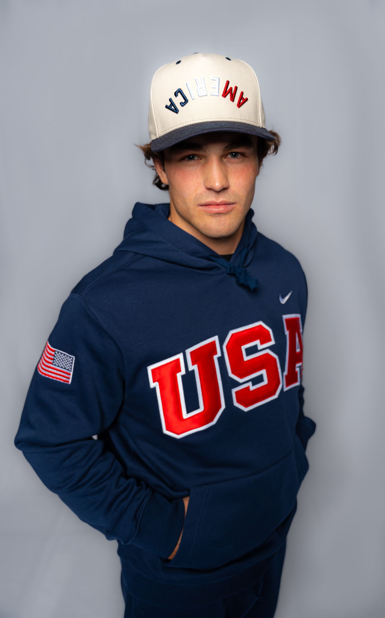 Premium Navy USA Hoodie. Double Tackle Twill. Embroidered Flag