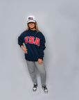 Navy USA Sewn-On Mock Neck Crew & Embroidered American Flag