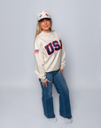 Oatmeal USA Sewn-On Mock Neck Crew & Embroidered American Flag