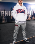 White Retro Nike Hoodie with Sewn-On USA and Flag