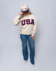 Oatmeal USA Sewn-On Mock Neck Crew & Embroidered American Flag