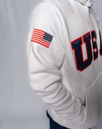 White Retro Nike Hoodie with Sewn-On USA and Flag