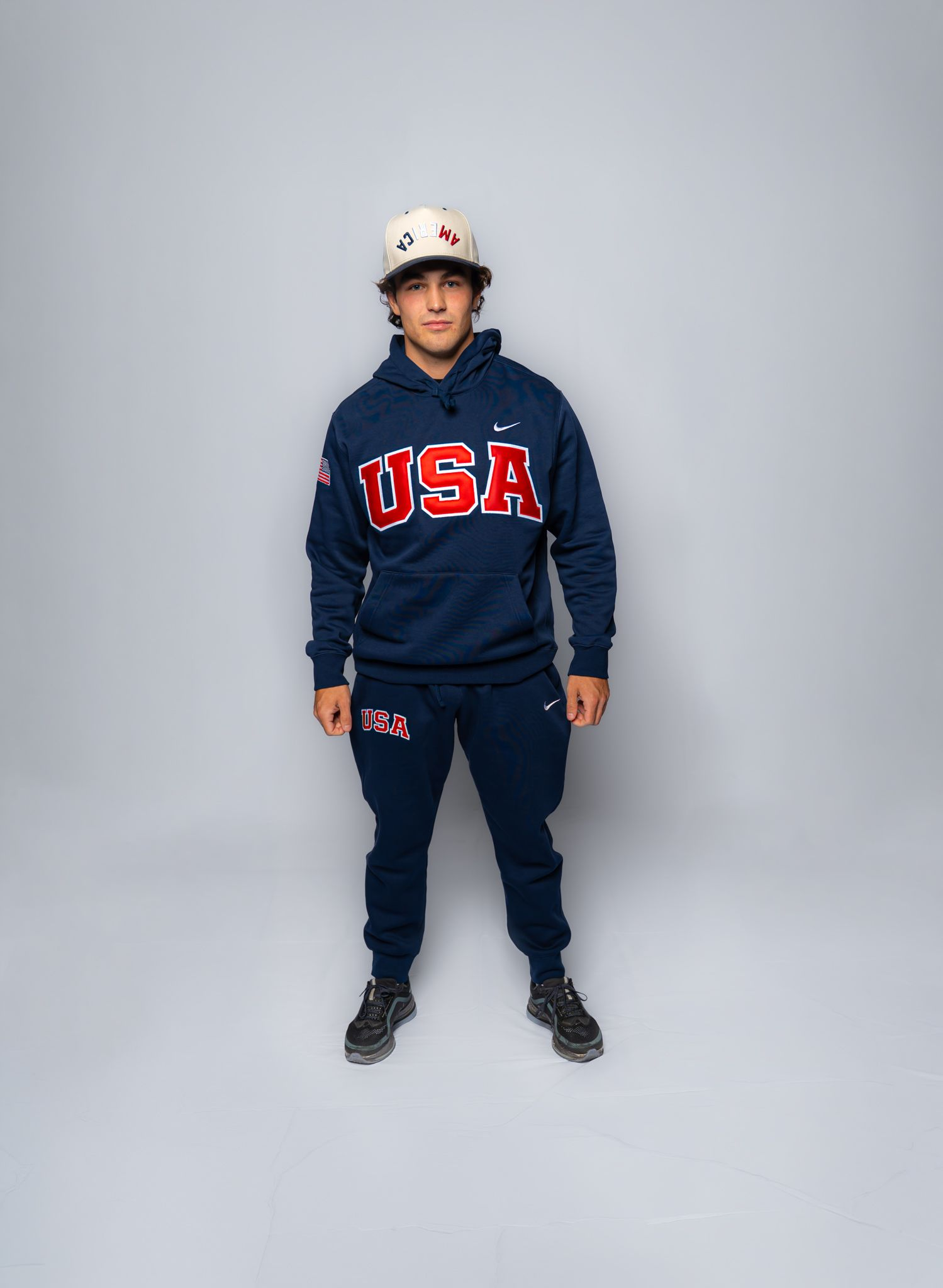 Premium Navy USA Hoodie. Double Tackle Twill. Embroidered Flag
