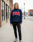 Navy USA Sewn-On Mock Neck Crew & Embroidered American Flag
