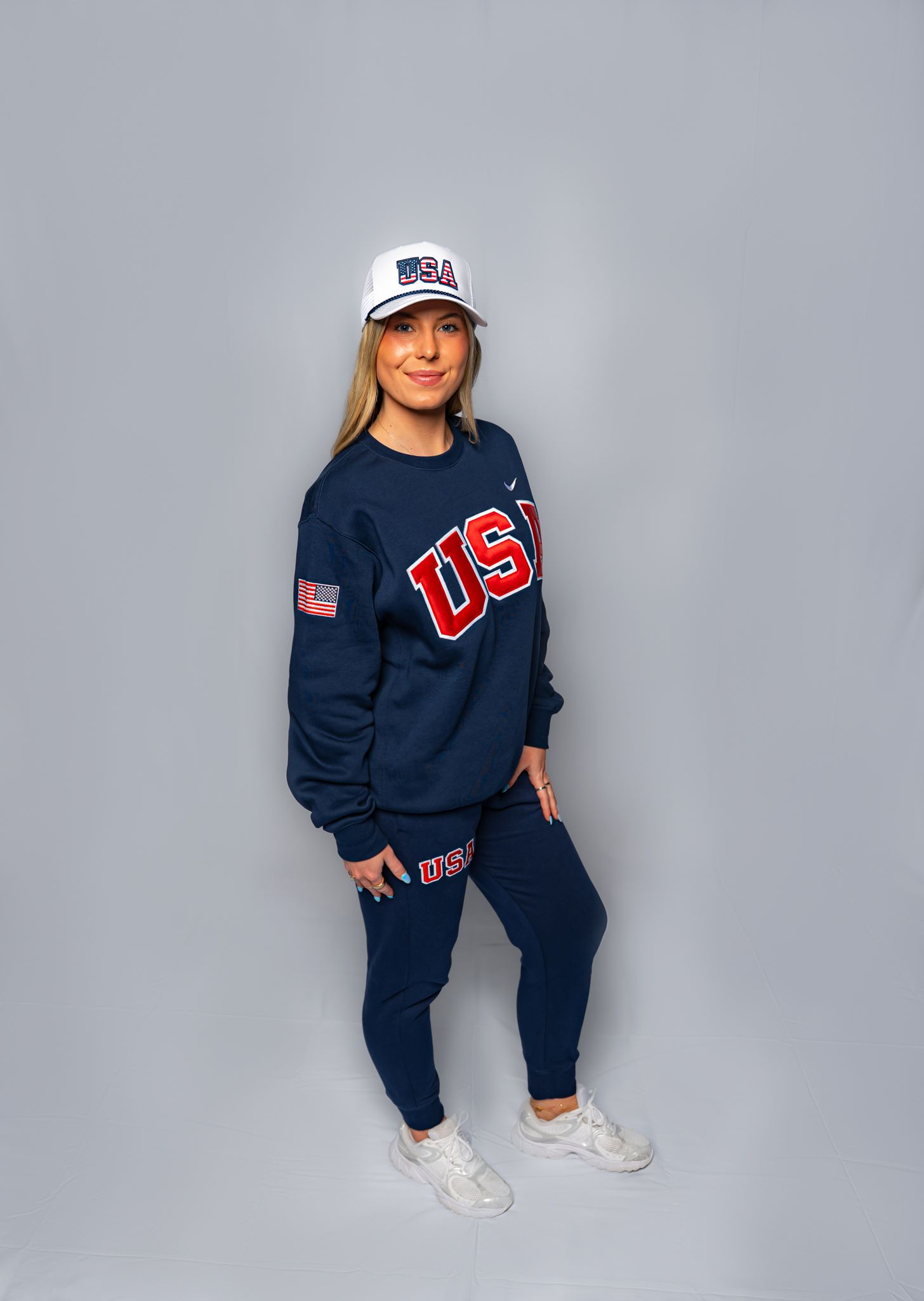 Navy Retro Nike Crew with Sewn-On USA and Flag