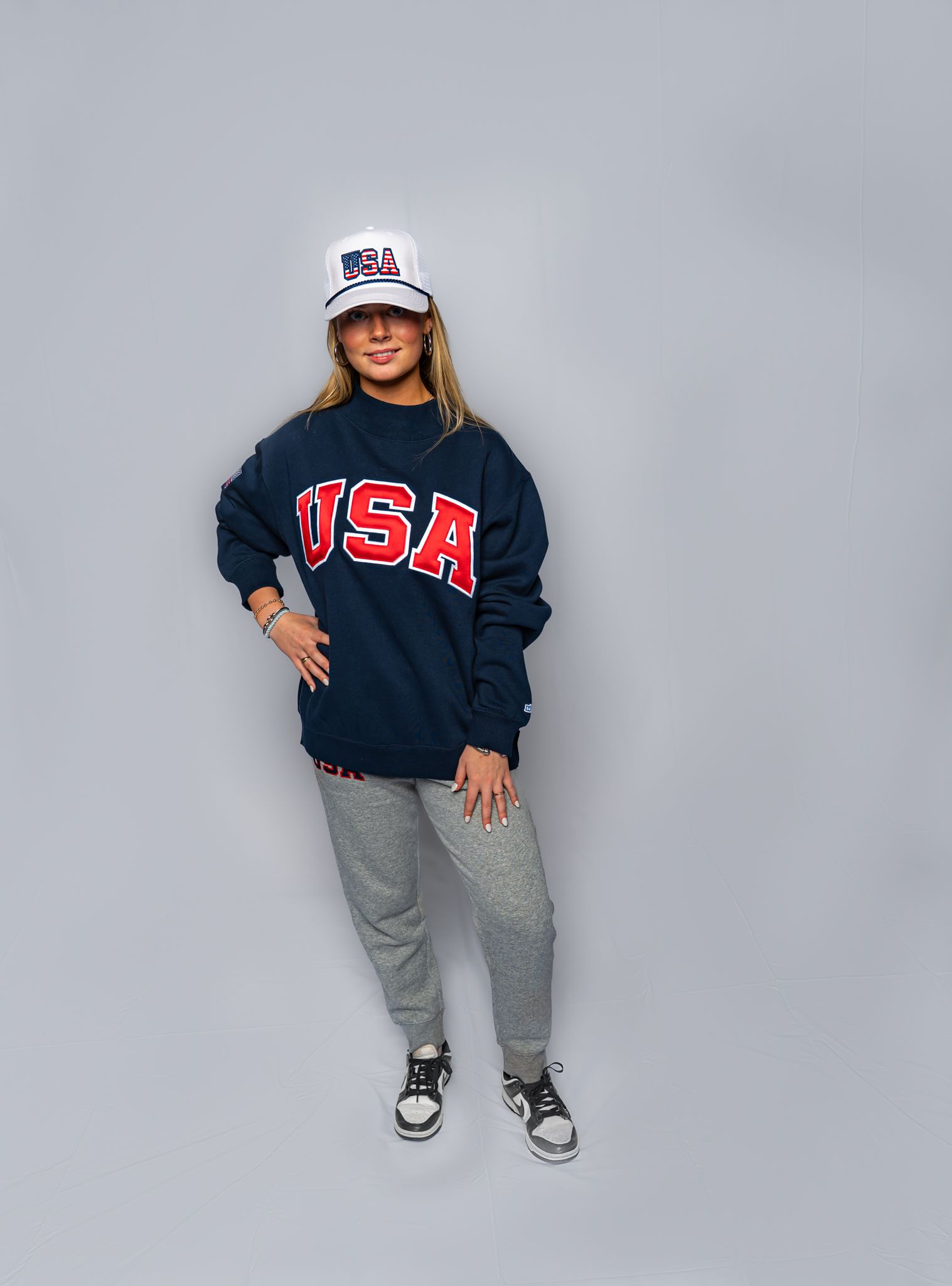 Navy USA Sewn-On Mock Neck Crew &amp; Embroidered American Flag