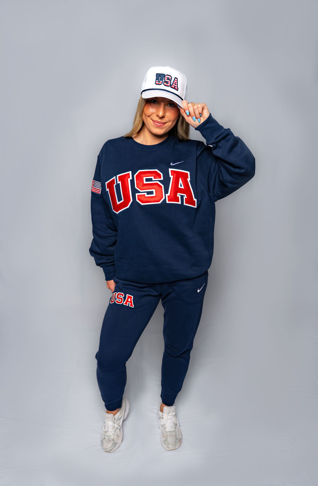 Navy Retro Nike Crew with Sewn-On USA and Flag