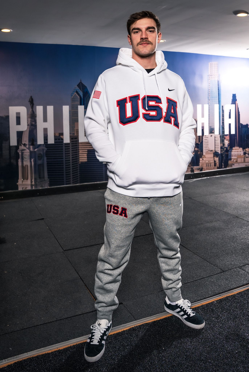White Retro Nike Hoodie with Sewn-On USA and Flag
