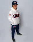 White Retro Nike Hoodie with Sewn-On USA and Flag