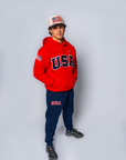 Red Retro Nike Hoodie with Sewn-On USA and Flag