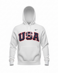 White Retro Nike Hoodie with Sewn-On USA and Flag