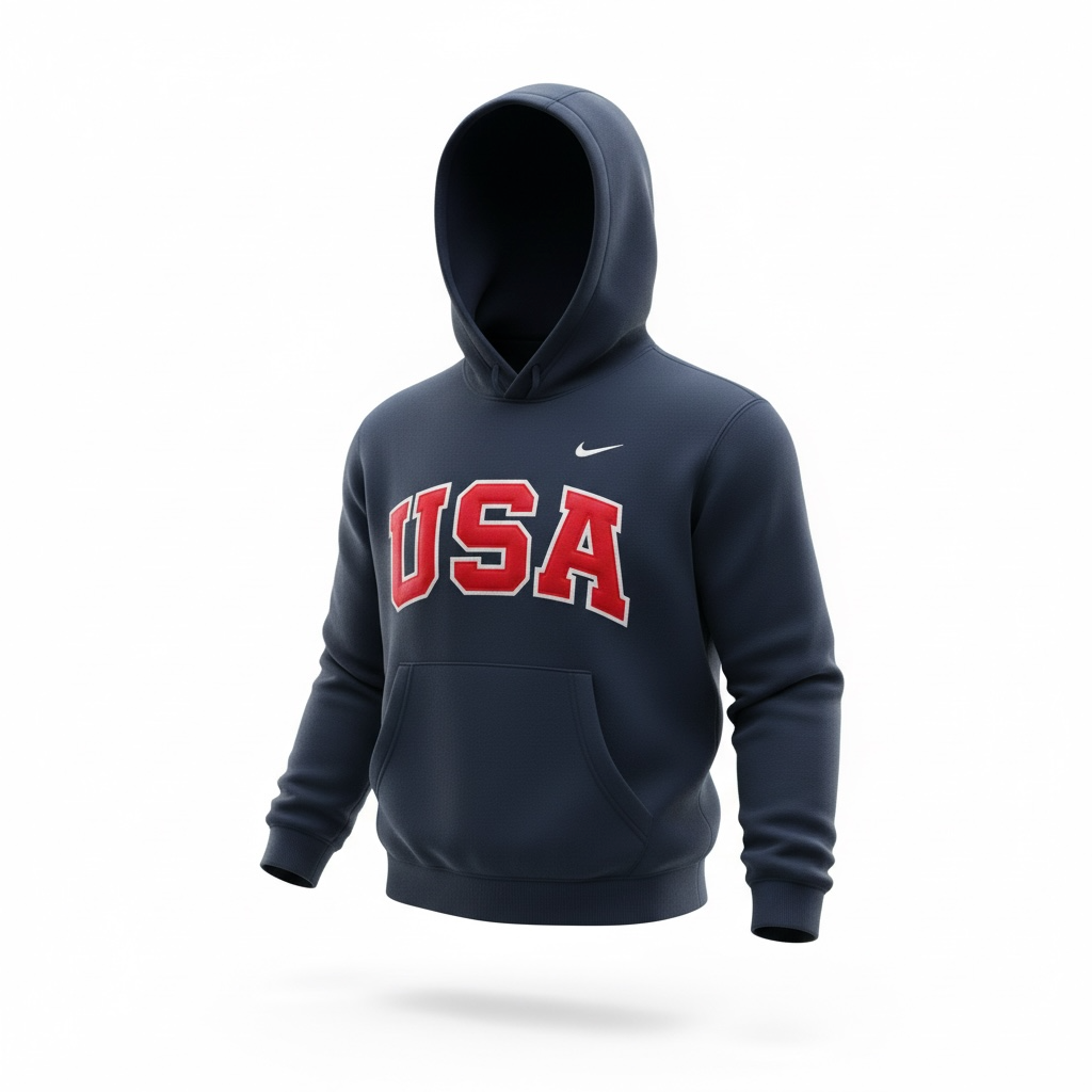 Premium Navy USA Hoodie. Double Tackle Twill. Embroidered Flag