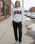 Oatmeal USA Sewn-On Mock Neck Crew & Embroidered American Flag