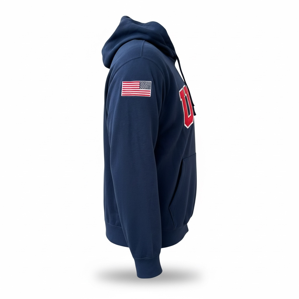 Premium Navy USA Hoodie. Double Tackle Twill. Embroidered Flag