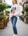 White USA Mock Neck Knit Sweater